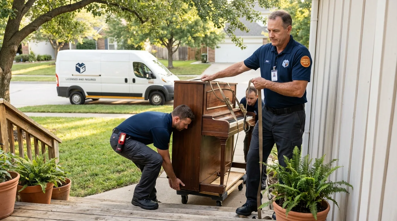 Licensed piano movers securing grand piano in Woodlyn, PA