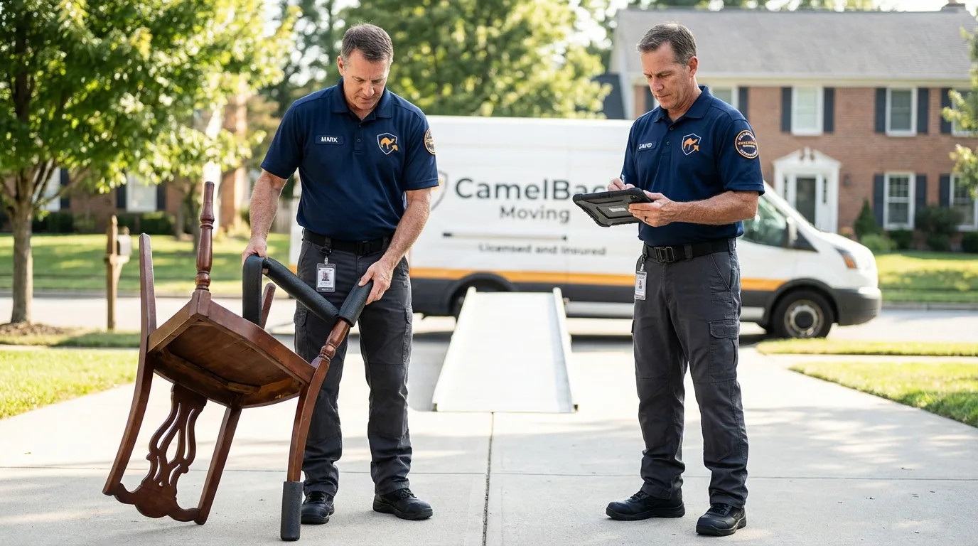 Movers inspecting furniture for damage prevention before loading in Woodlyn, PA