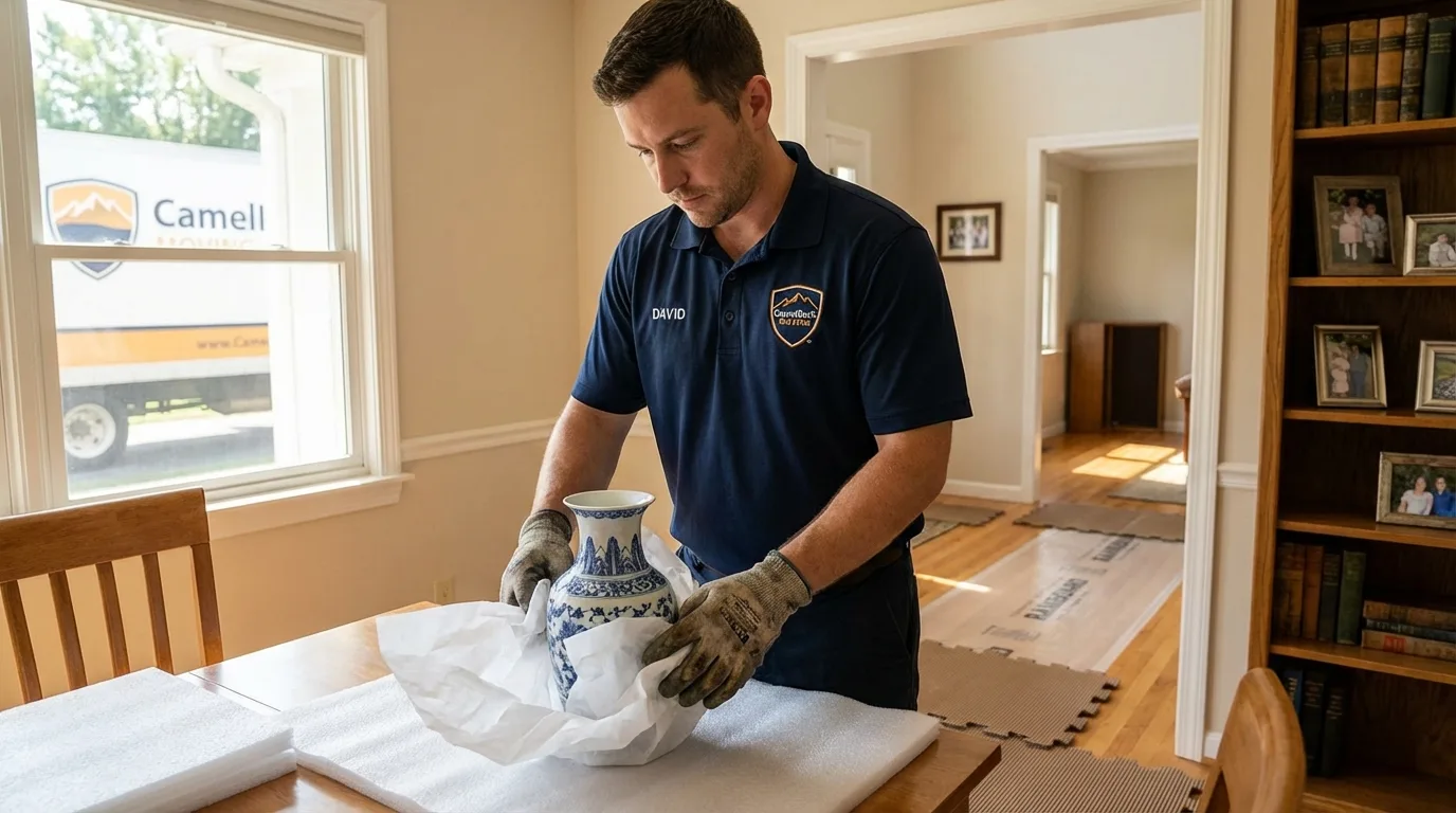 Professional crew carefully wrapping antique vase for senior downsizing move in Woodlyn, PA
